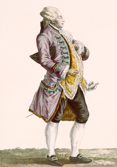 Heer in culottes en jas met staart, gegraveerd door Dupin, plaat nr.71 uit 